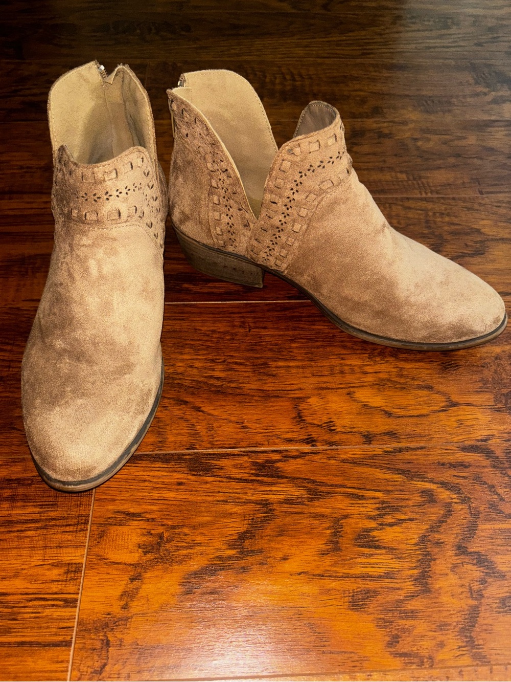 Pierre Dumas Suede Ankle Booties Side Cutout Tan Brown Talita Woven Edge Boots